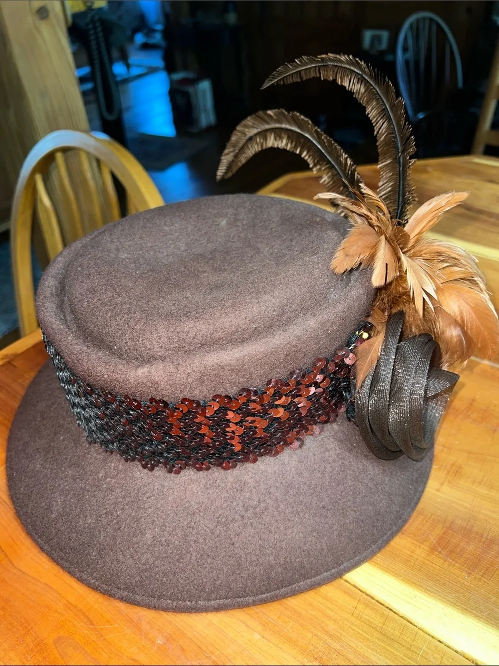 Vintage Deborah New York Wool Womens Brown Felt Feather Trim Hat